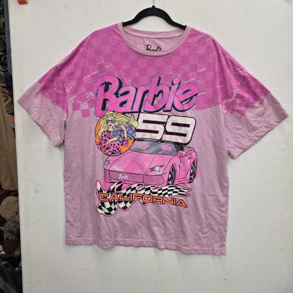 BARBIE CALIFORNIA T-SHIRT pink 80s race car checkered BIG LOGO FRONT BACK 2XL - Picture 7 of 7